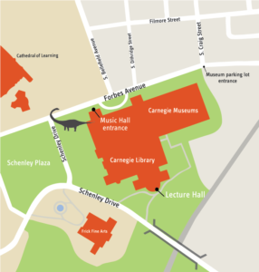 Map showing entrances to the Carnegie Music Hall and Carnegie Library Lecture Hall
