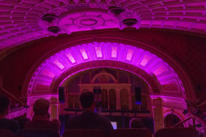 photo of carnegie music hall ceiling in purple