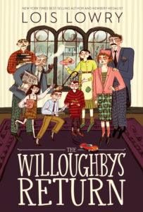 Book cover for The Willoughbys Return, with an illustration of the Willoughbys family, now adults