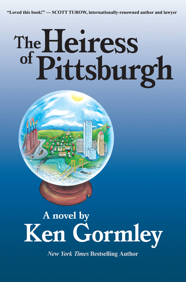 The Heiress of Pittsburgh book cover, a drawing of a snowglobe with a bright sunny day featuring the Monongahela River
